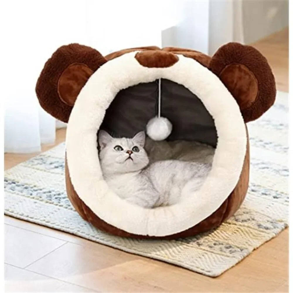 Cat Bed Cave Plush Indoor Cats Removable Washable Pillow Cozy Bear House Soft